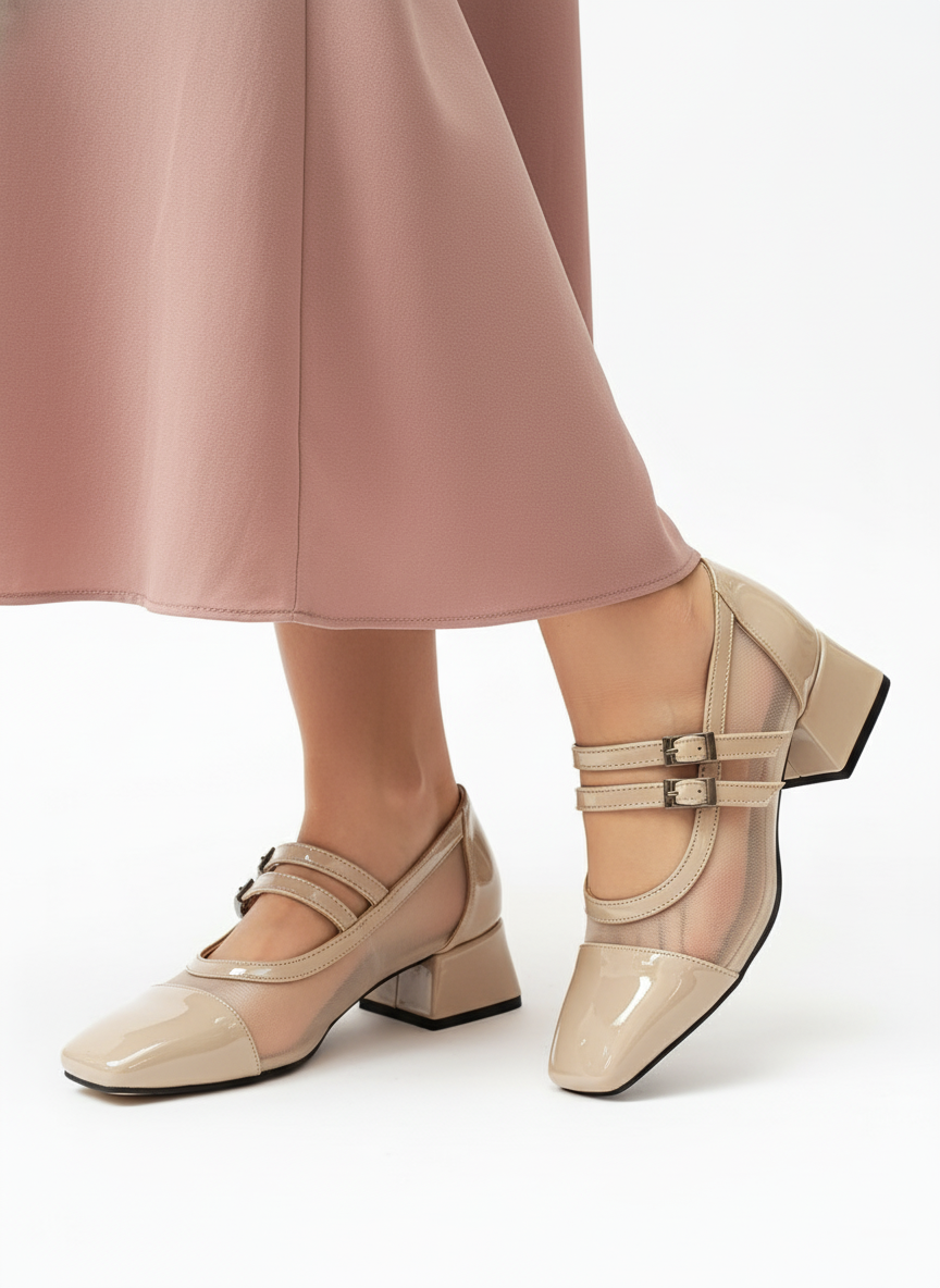 کفش مجلسی پاشنه دار زنانه ورنی بغل توری