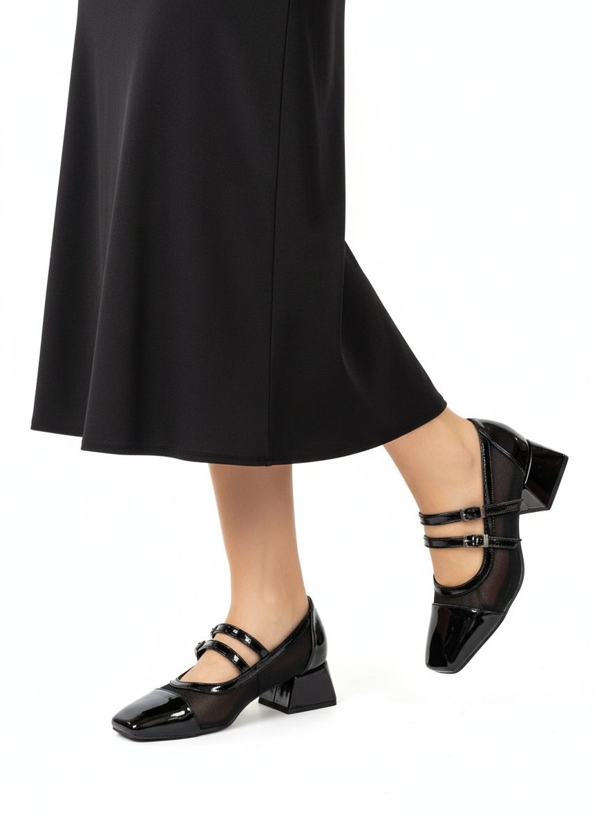 کفش مجلسی پاشنه 5 سانت زنانه ورنی بغل توری