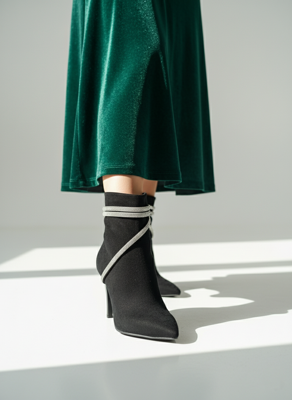 بوت پاشنهدار زنانه مشکی با بندهای تزئینی