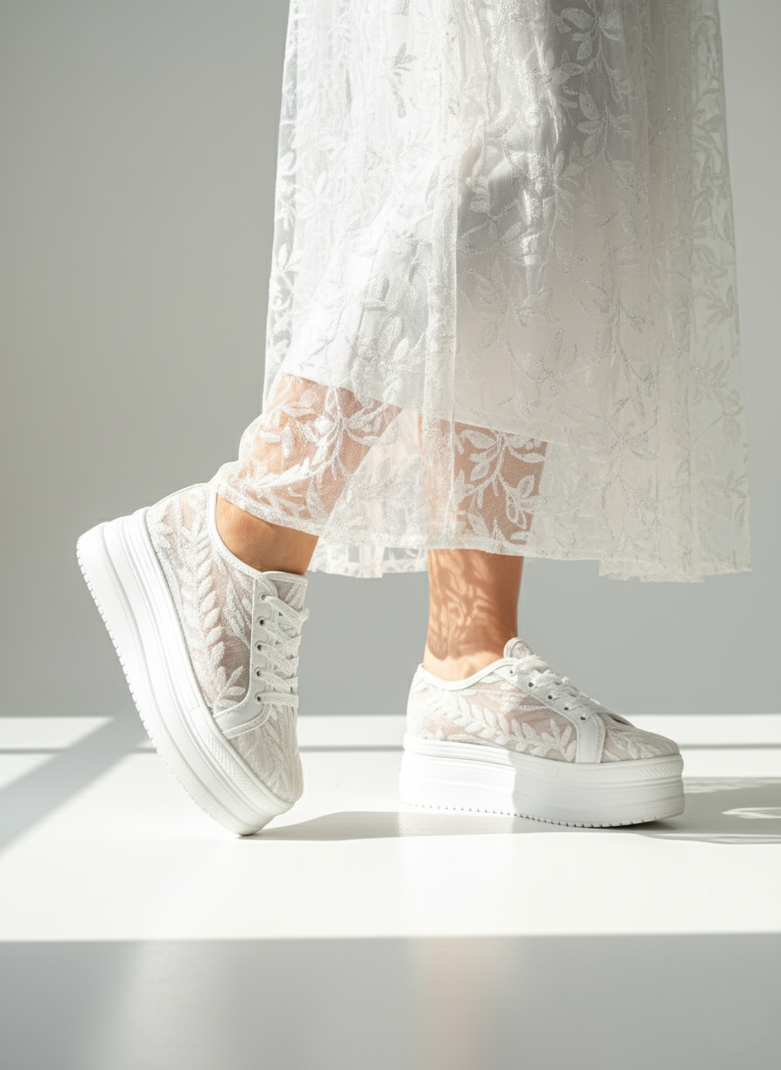 کتونی لژدار عروس سفید زنانه با رویه توری و گلدوزی دانتل