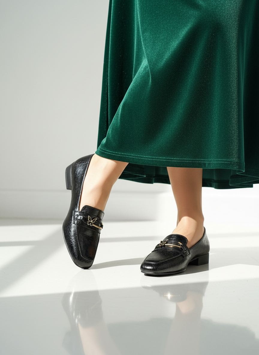 کالج زنانه مشکی ورنی با پاشنه کوتاه و سگک طلایی پروانه