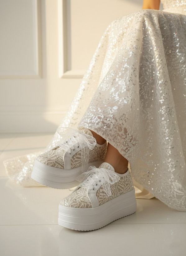 کتونی لژ بلند سفید زنانه با رویه توری گلدوزی شده طرح برگ